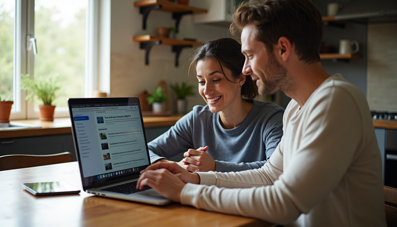 Couple at kitchen table reviews affordable IPTV packages on devices