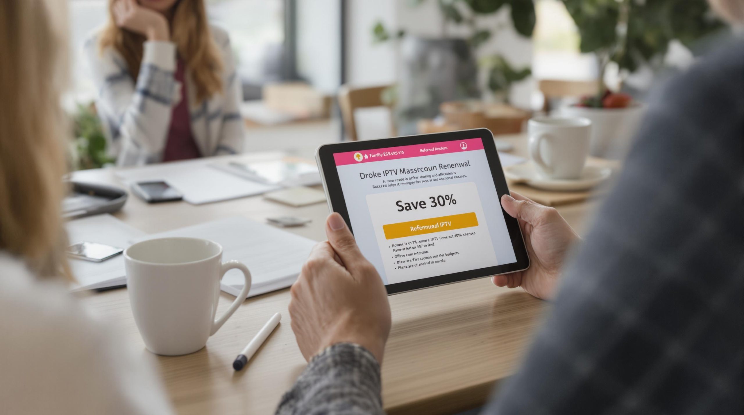 Couple reviewing IPTV renewal with Save 30 percent offer