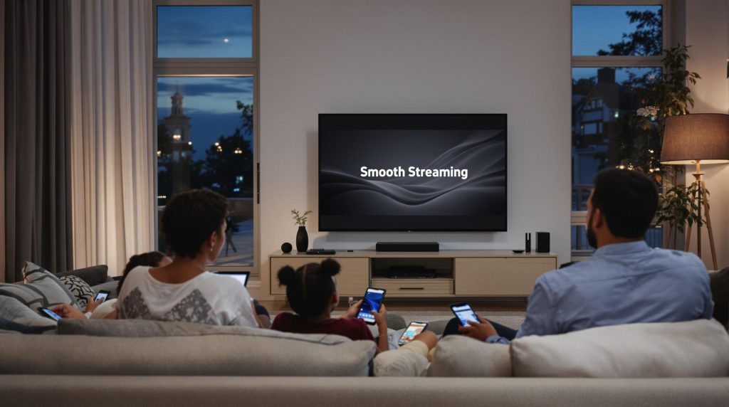 Family streaming IPTV in living room, multiple devices in use