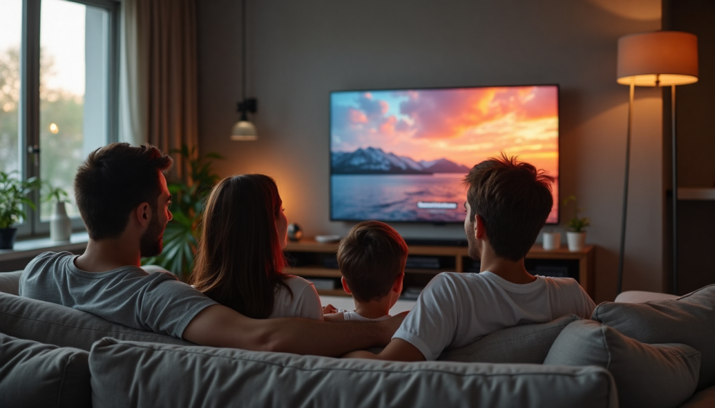 Family watching 4K IPTV on smart TV in living room