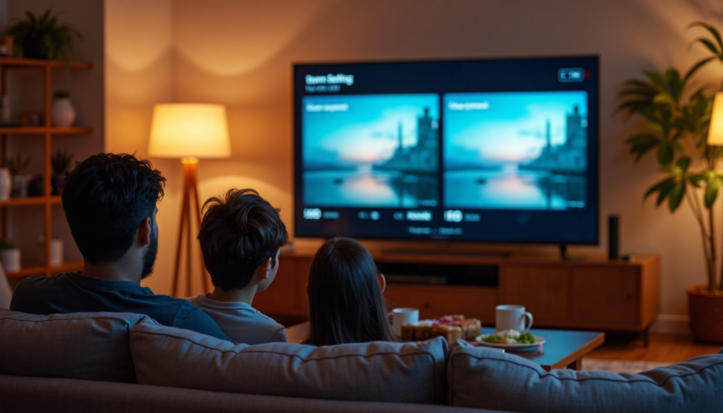 Friends compare UHD vs HD on TV in living room