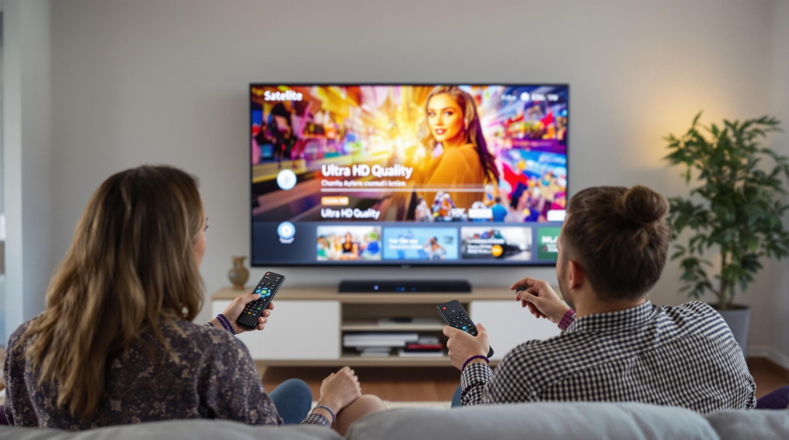 Friends comparing streaming and satellite remotes watching Ultra HD on TV