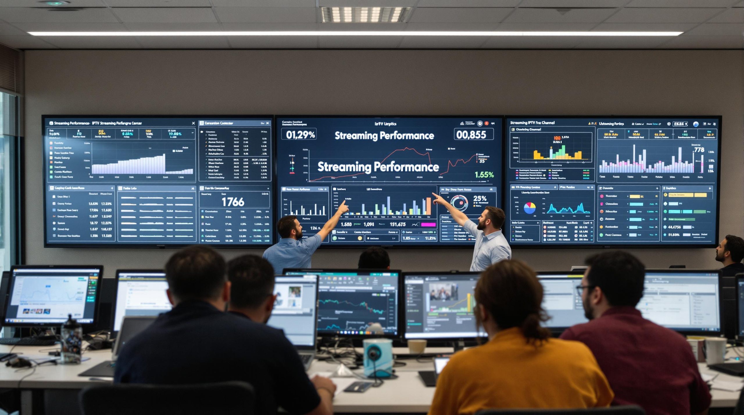 IPTV team analyzing uptime and streaming quality metrics in a tech hub