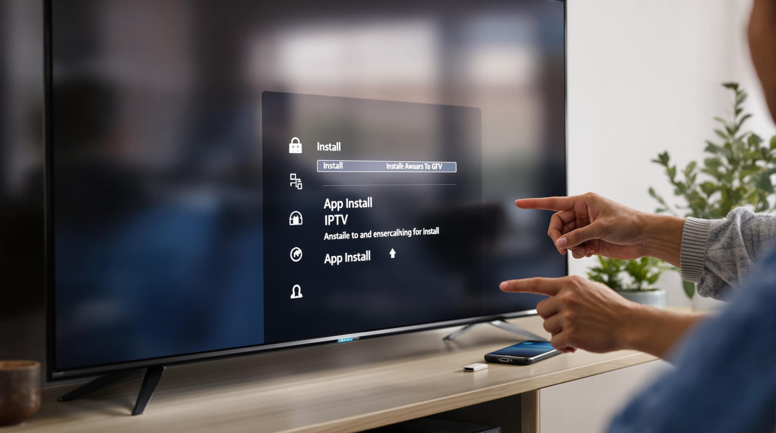Installing IPTV app on Philips Smart TV with remote, USB, and smartphone nearby