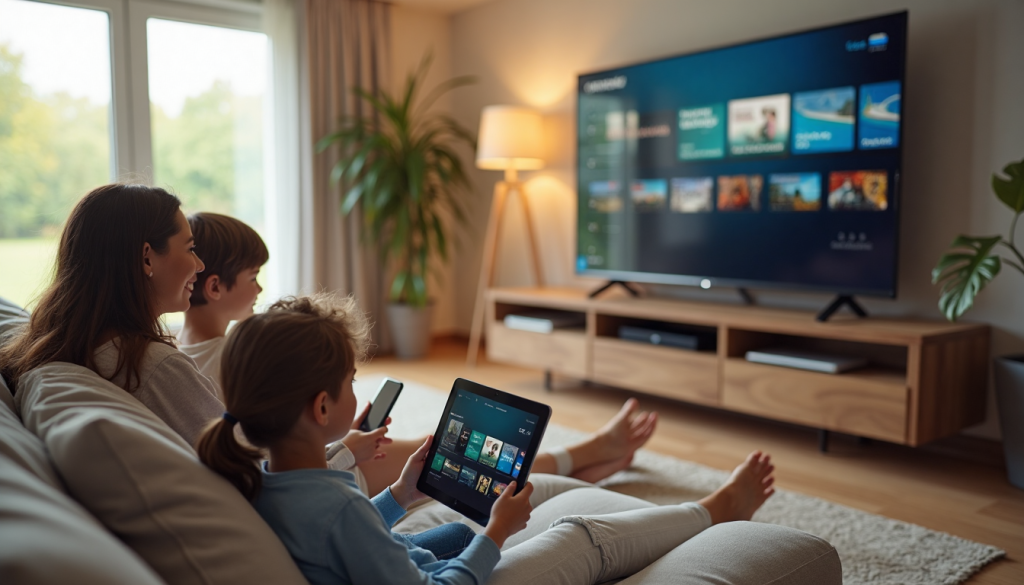 Modern family enjoys IPTV streaming on TV and devices in bright living room