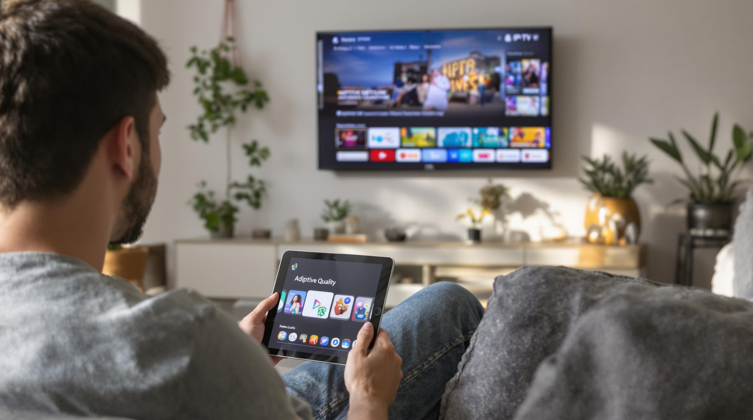 Person browsing IPTV apps on a tablet with TV background