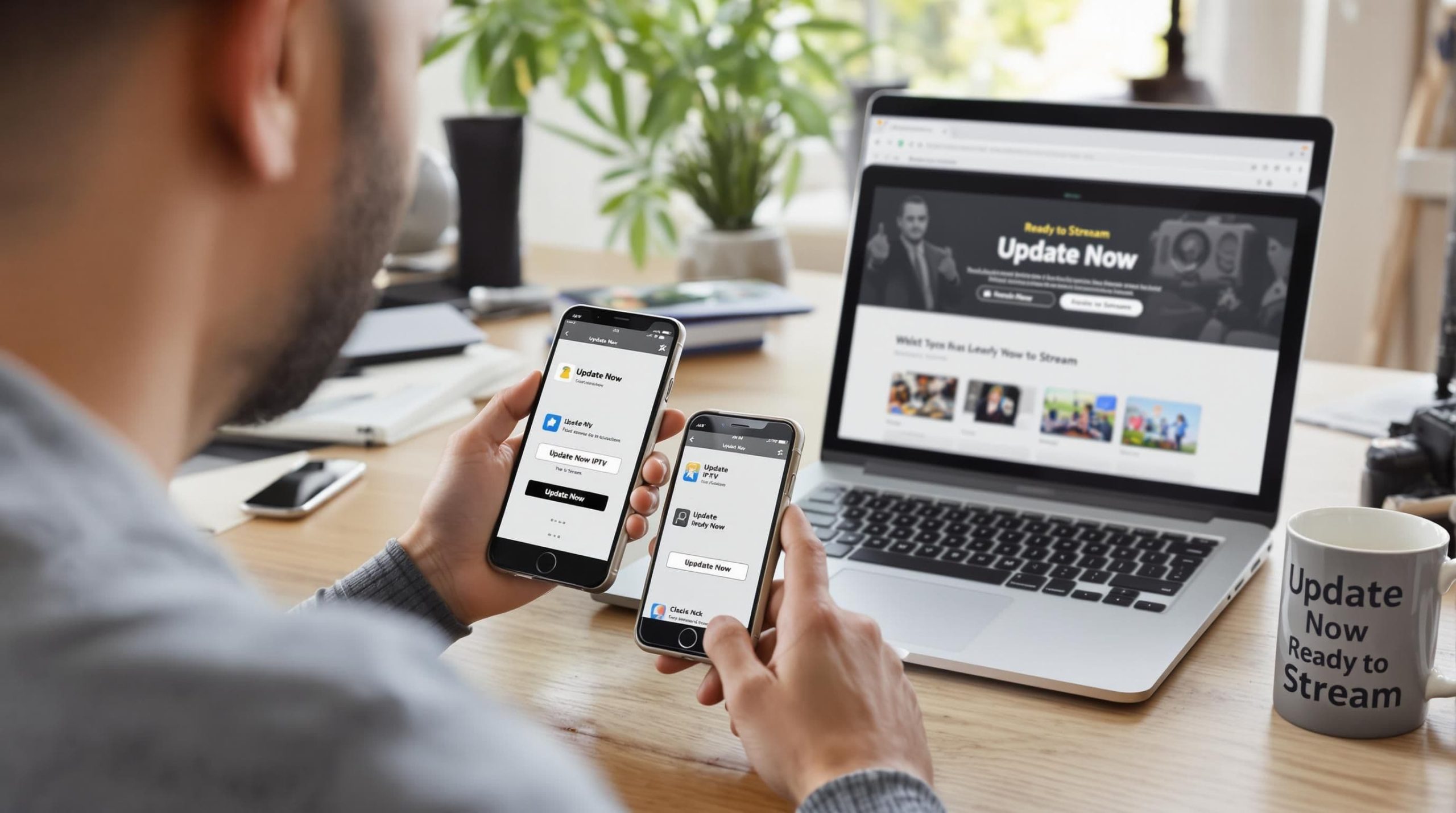 Person checks smartphone and tablet for IPTV app updates in home office