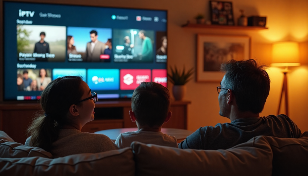 Family choosing IPTV service on smart TV in cozy living room