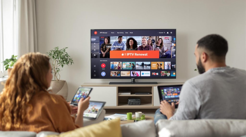 Family using streaming devices with IPTV Renewal on TV screen