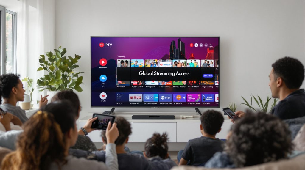 Diverse people streaming international content on TV and devices