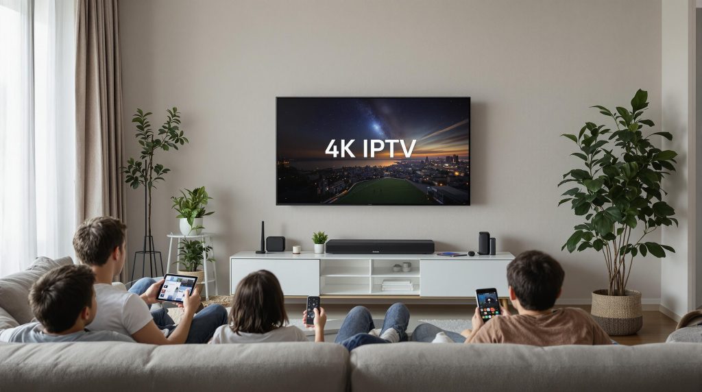 Family enjoying 4K IPTV streaming in a modern living room