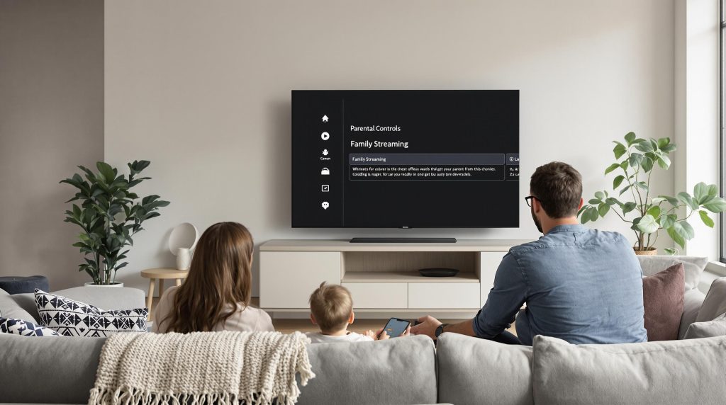 Family using IPTV parental controls in a bright living room