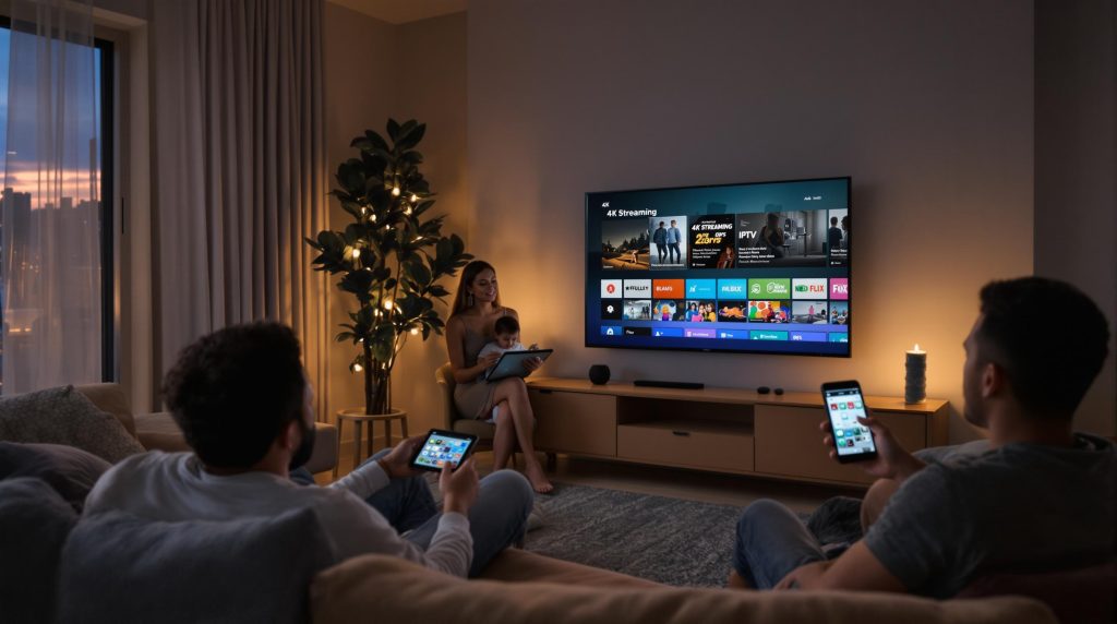 Family using IPTV across devices, 4K streaming highlighted on TV
