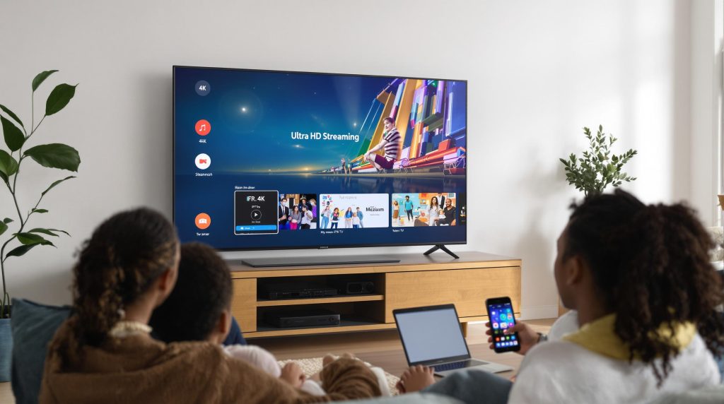 Family enjoying IPTV streaming on smart TV and devices at home