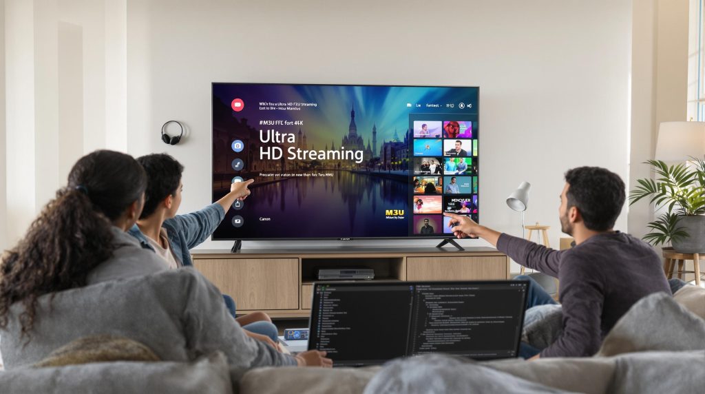 Family using M3U playlist to stream Ultra HD content in living room