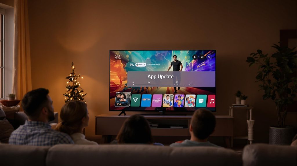 Family watches smart TV displaying IPTV app update notification in living room