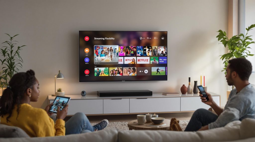 Modern family streaming IPTV on smart TV and personal devices in living room